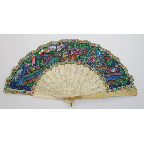 98 - A Chinese export ivory and gouache double-sided fan