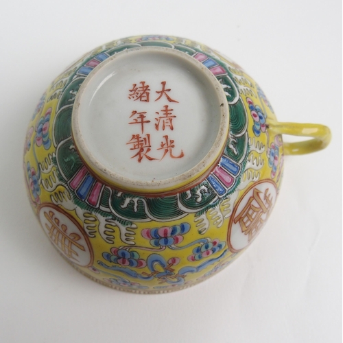 104 - Three Canton porcelain yellow ground teacups