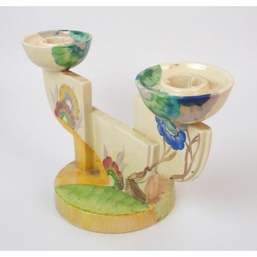 1057 - A Clarice Cliff Rhodanthe painted ceramic double candlestick