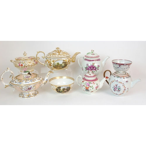 1072 - A group of five English porcelain teapots  two bowls and sugar bowl