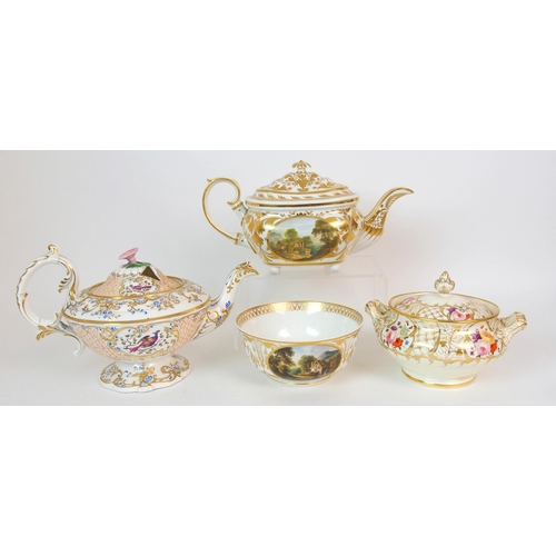 1072 - A group of five English porcelain teapots  two bowls and sugar bowl