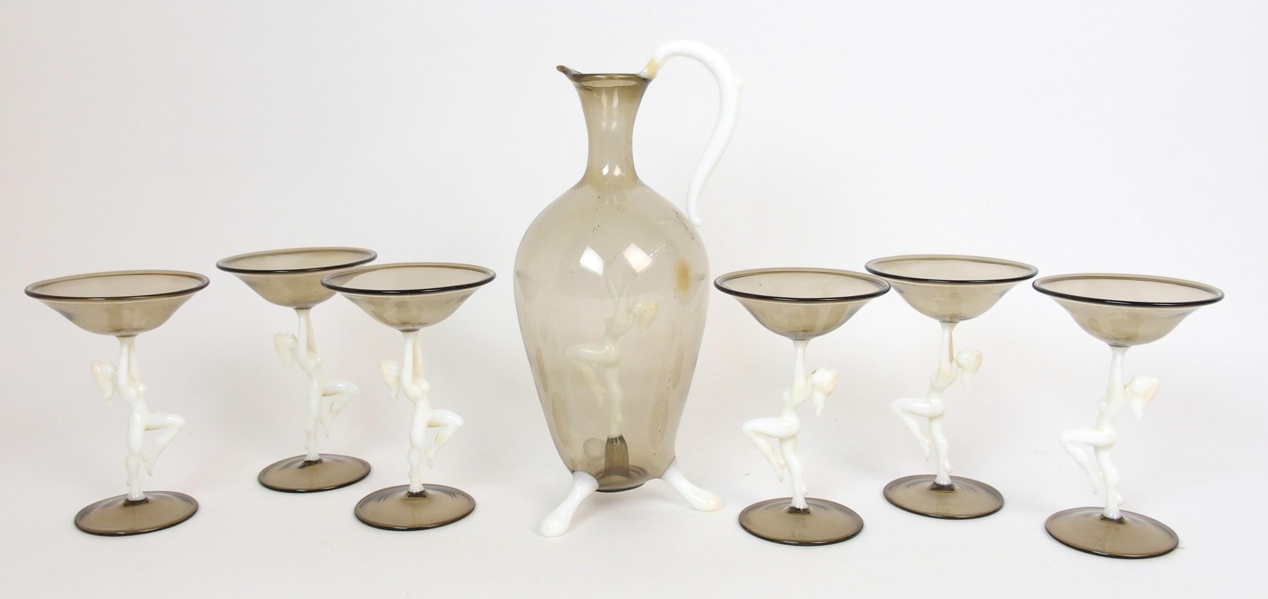 Lot - A GROUP OF FIVE BIMINI WERKSTATTE ART GLASS LAMPWORK FIGURAL MARTINI  GLASSES, VIENNA, AUSTRIA, CIRCA 1925-1938