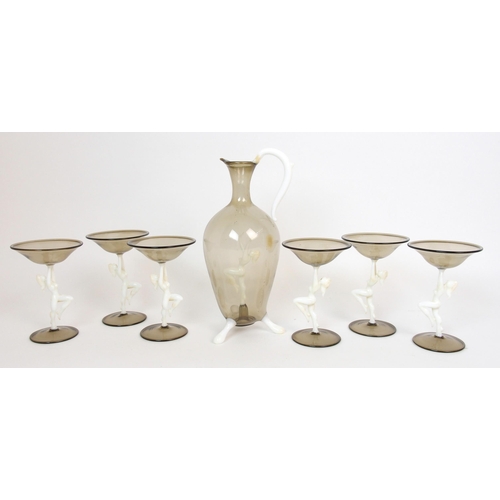 1093 - A set of six Austrian Bimini glass figural glasses with ewer  by Fritz Lampl (Austrian  1892-1955)