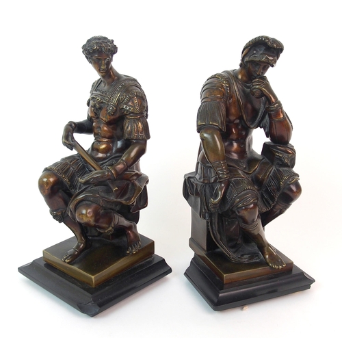 1127 - Two patinated bronze figures  after Michelangelo Buonarroti (Italian  1475-1564)