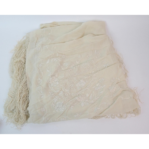 30 - A Chinese white silk shawl