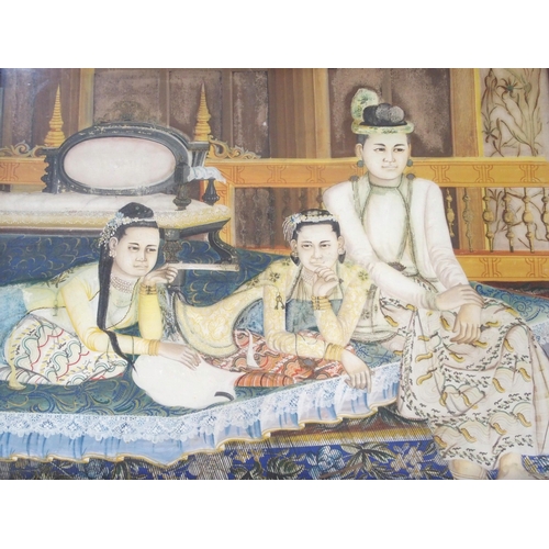 40 - A Burmese portrait painting of a family resting in an interior