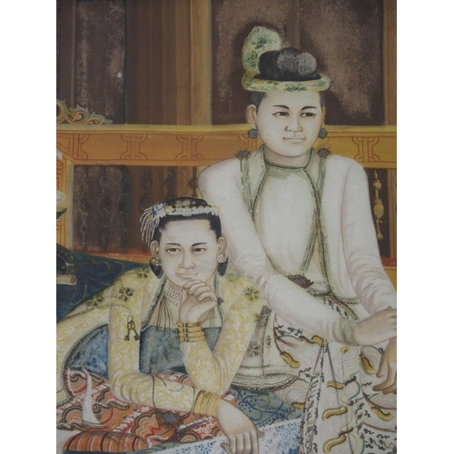 40 - A Burmese portrait painting of a family resting in an interior