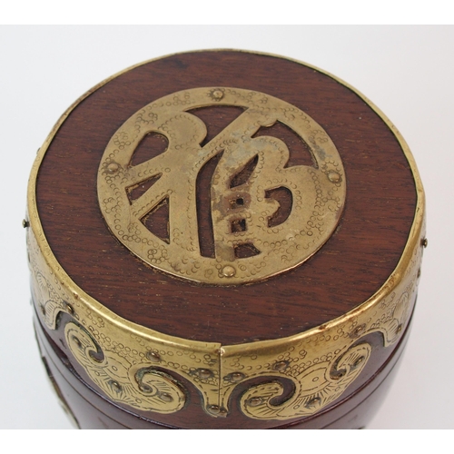 63 - Two Chinese hardwood and brass mounted barrel shaped tobacco jars