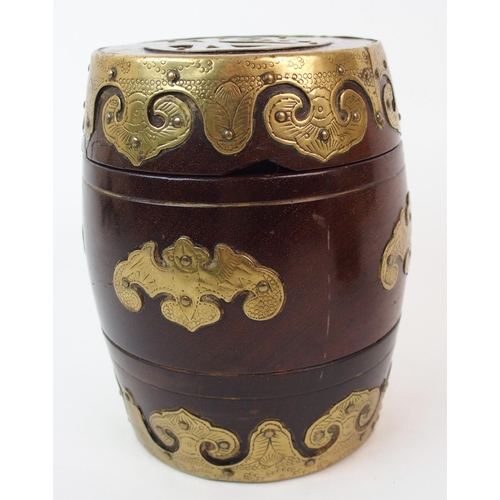 63 - Two Chinese hardwood and brass mounted barrel shaped tobacco jars