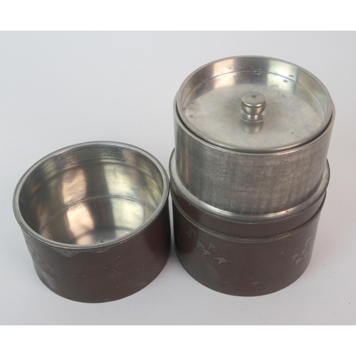 86 - A pair of Chinese pewter cylindrical tea canisters