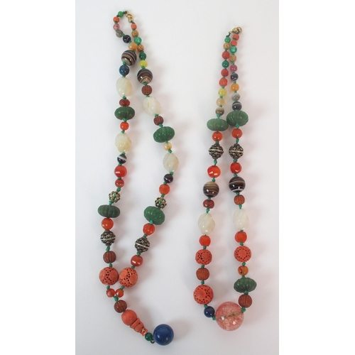 91 - Two Chinese hardstone ceramic and silver bead necklaces