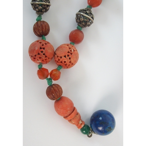 91 - Two Chinese hardstone ceramic and silver bead necklaces