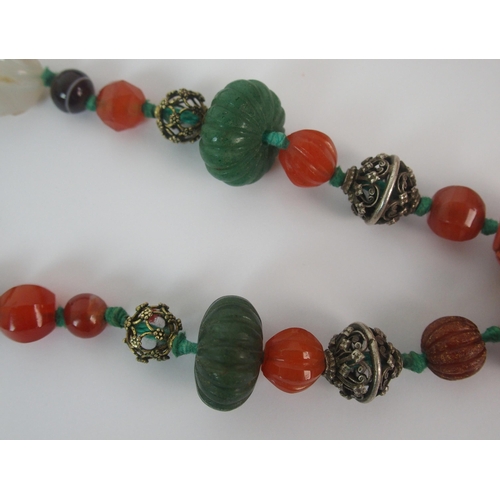 91 - Two Chinese hardstone ceramic and silver bead necklaces