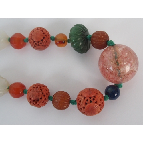 91 - Two Chinese hardstone ceramic and silver bead necklaces