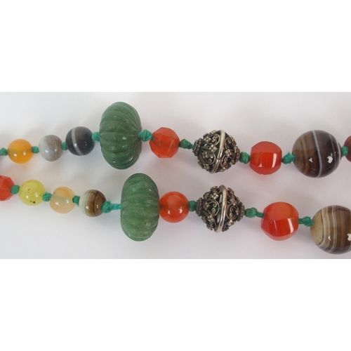 91 - Two Chinese hardstone ceramic and silver bead necklaces