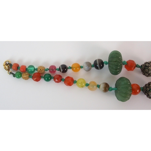 91 - Two Chinese hardstone ceramic and silver bead necklaces