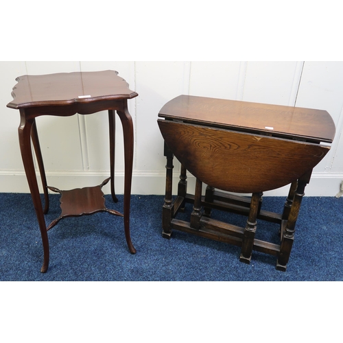 15 - A 20th century mahogany two tier occasional table and a stained oak drop leaf occasional table (2)