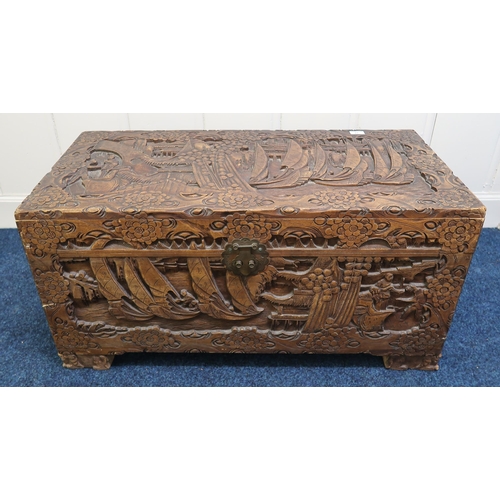 27 - A 20th century carved Oriental camphorwood blanket chest, 48cm high x 98cm wide x 46cm deep