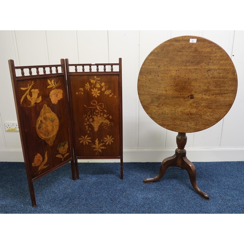 36 - A Victorian mahogany circular tilt top table on tripod base and a mahogany inlaid two tier screen (2... 