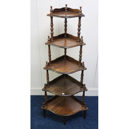 37 - A 20th century oak mirror back hall stand and mahogany five tier corner what-not (2)