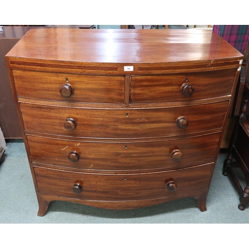 50 - A Victorian mahogany bowfront two over three chest of drawers with turned handles, 105cm high x 106c... 