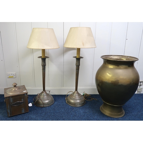58 - A mixed lot comprising a pair of 20th century copper based lamps, large brass urn and a copper coal ... 