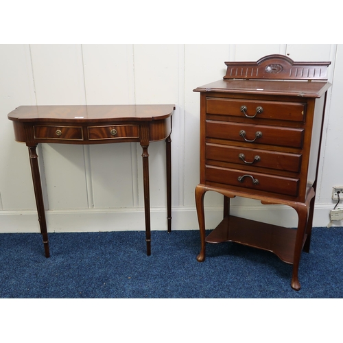 69 - A 20th century mahogany cheval mirror, four drawer music cabinet and a two drawer hall table (3)