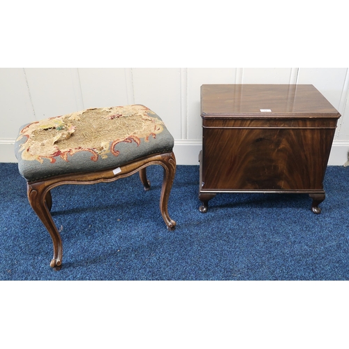 77 - A 20th century walnut framed footstool and a mahogany coal box (2)