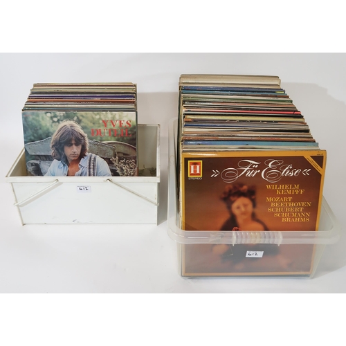 612 - A collection of pop, folk and classical vinyl LP records with an interesting collection of classical... 