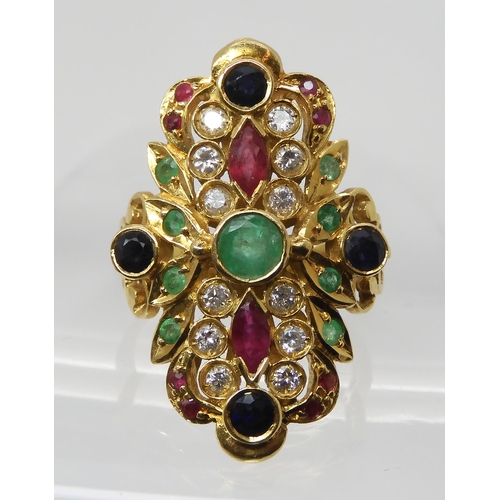 658 - A BRIGHT YELLOW METAL GEM SET RINGstamped 750 to the inner shank, set with rubies, sapphires, emeral... 