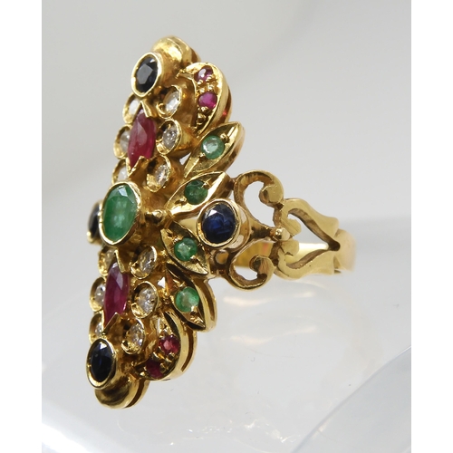 658 - A BRIGHT YELLOW METAL GEM SET RINGstamped 750 to the inner shank, set with rubies, sapphires, emeral... 