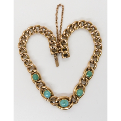 666 - A 15CT GOLD TURQUOISE BRACELET with fancy curb links and a box clasp. Length 19.5cm, weight 11.... 