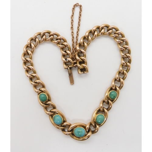 666 - A 15CT GOLD TURQUOISE BRACELET with fancy curb links and a box clasp. Length 19.5cm, weight 11.... 