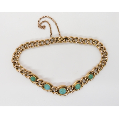 666 - A 15CT GOLD TURQUOISE BRACELET with fancy curb links and a box clasp. Length 19.5cm, weight 11.... 