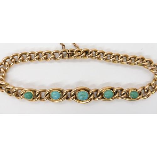 666 - A 15CT GOLD TURQUOISE BRACELET with fancy curb links and a box clasp. Length 19.5cm, weight 11.... 