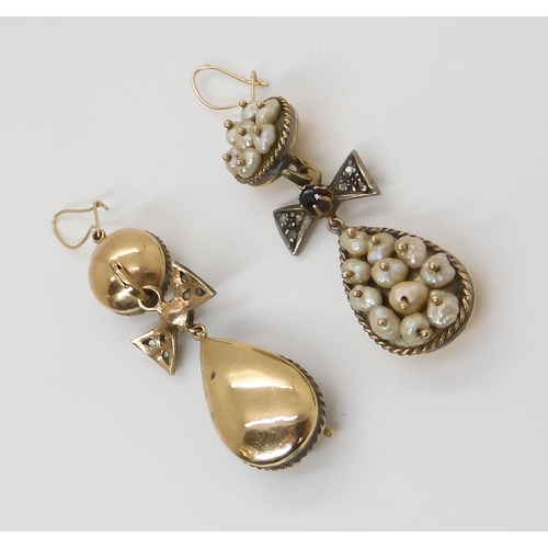 667 - A PAIR OF PEARL DROP EARRINGSset in yellow and white metal throughout, with diamond and sapphire bow... 