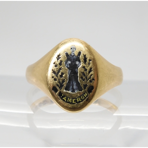 692 - AN ENAMELLED MOURNING RINGenamelled with an image of St. Andrew, thistles and a banner reading Camer... 