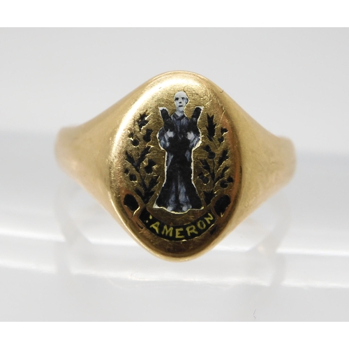 692 - AN ENAMELLED MOURNING RINGenamelled with an image of St. Andrew, thistles and a banner reading Camer... 