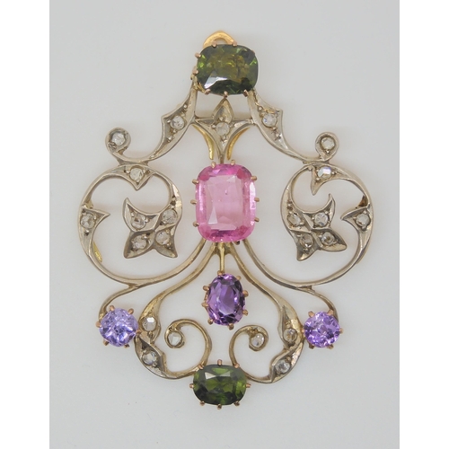 707 - AN EDWARDIAN DIAMOND AND GEM SET PENDANTset with rose cut diamonds, tourmalines and other gems in ye... 