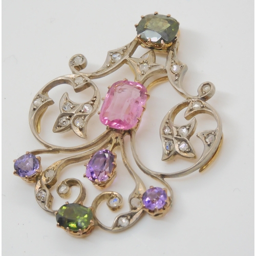 707 - AN EDWARDIAN DIAMOND AND GEM SET PENDANTset with rose cut diamonds, tourmalines and other gems in ye... 