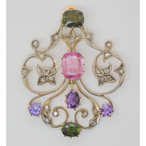 707 - AN EDWARDIAN DIAMOND AND GEM SET PENDANTset with rose cut diamonds, tourmalines and other gems in ye... 