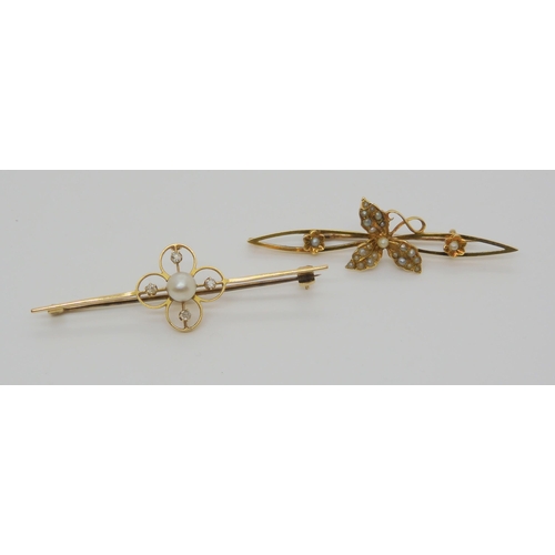 708 - TWO VINTAGE BROOCHESan 18ct gold diamond and pearl four lobed flower brooch, dimensions 5.3cm x 1.7c... 