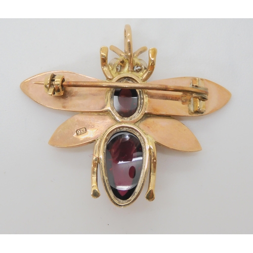 715 - A 9CT GOLD BEE BROOCHwith diamond eyes and the body set with garnets. Dimensions 3.8cm x 3.2cm, weig... 