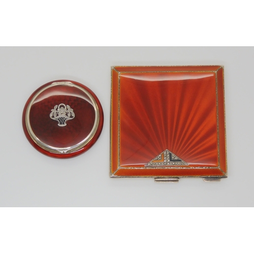 725 - TWO ENAMELLED POWDER COMPACTSa deep orange guilloche enamelled silver square compact with triangular... 