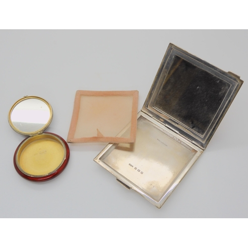 725 - TWO ENAMELLED POWDER COMPACTSa deep orange guilloche enamelled silver square compact with triangular... 