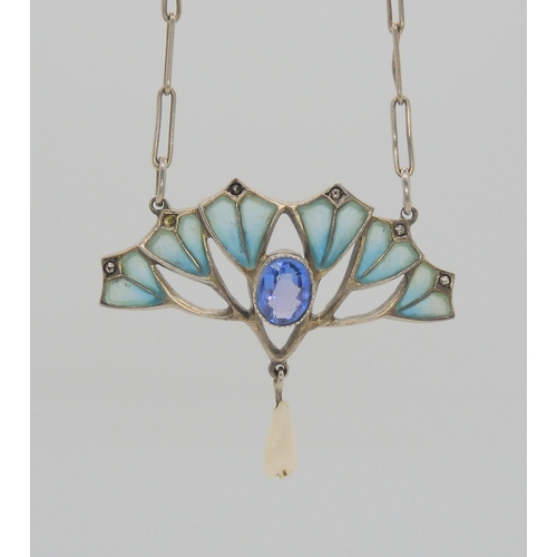 732 - AN ART NOUVEAU PENDANT BY ERNST GIDEON BEKset with a faux sapphire in a milligrain setting, to the f... 