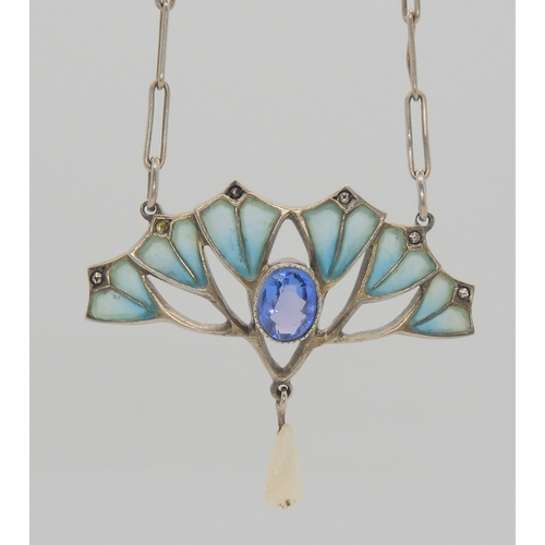 732 - AN ART NOUVEAU PENDANT BY ERNST GIDEON BEKset with a faux sapphire in a milligrain setting, to the f... 