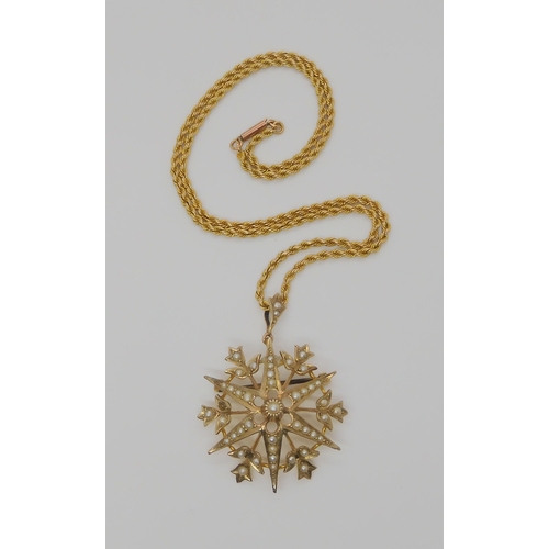 733 - A 9CT GOLD PEARL SET SNOW FLAKE PENDANT BROOCHset throughout with split pearls, diameter approx 3.4c... 