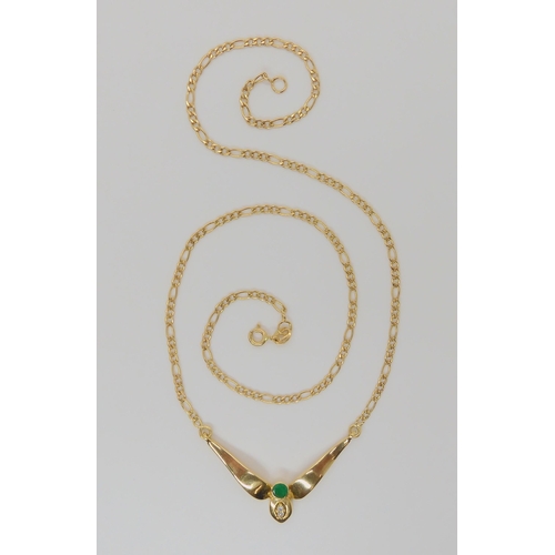 740 - AN 18CT GOLD EMERALD AND DIAMOND NECKLETItalian made, with a figaro chain, length 48cm, approx diame... 