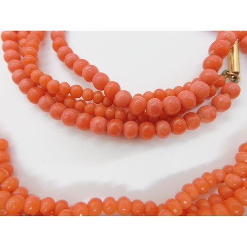 746 - TWO STRINGS OF CORAL BEADSa double string of tapered coral beads, largest bead approx 6mm, length of... 